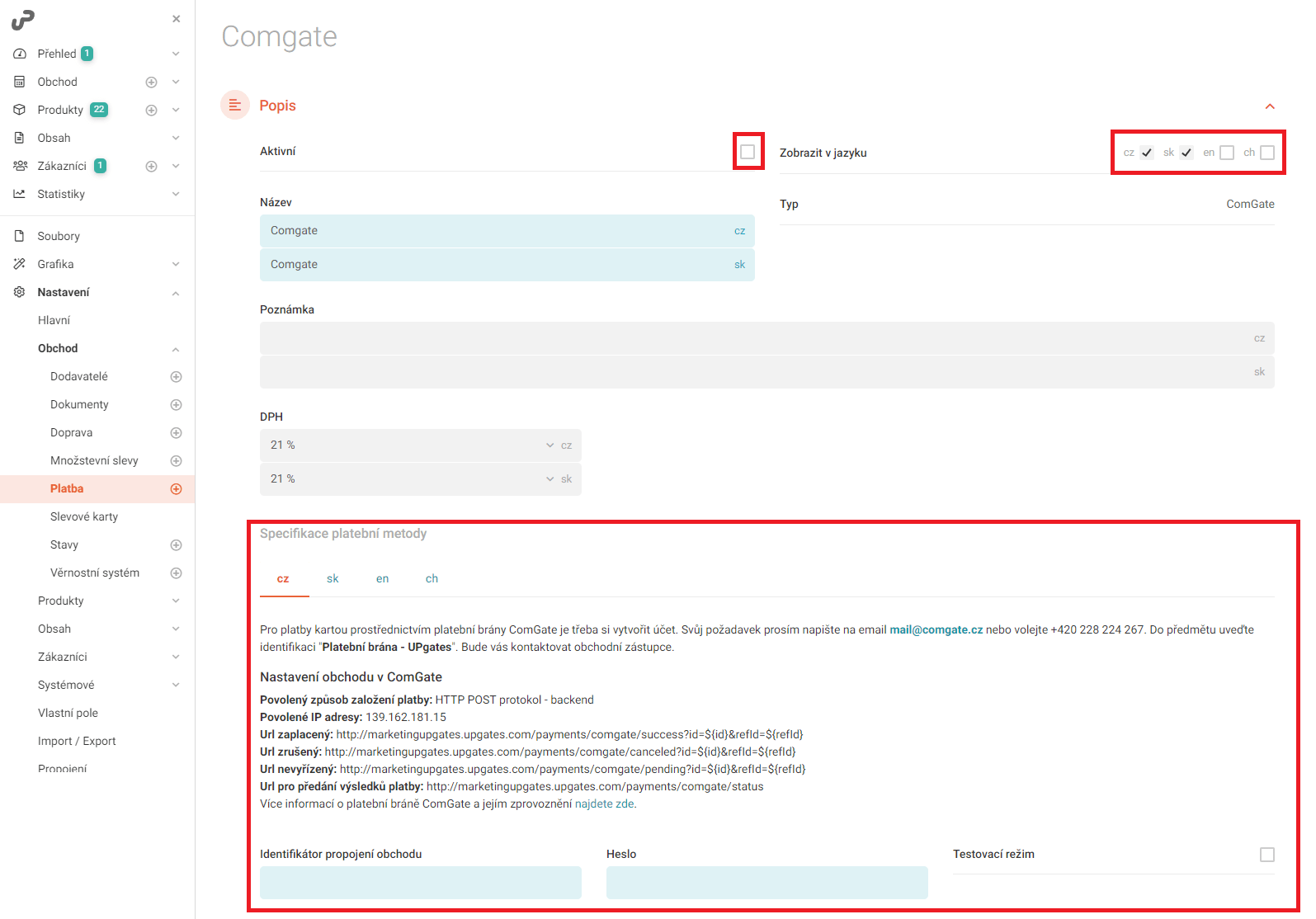 Nastavení platební brány ComGate na UpGates - Vložení URL a povolené IP adresy