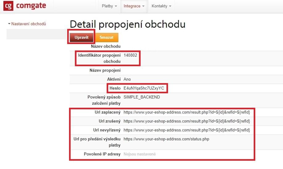 Nastavení platební brány Comgate na UpGates - Vložení testovacích údajů