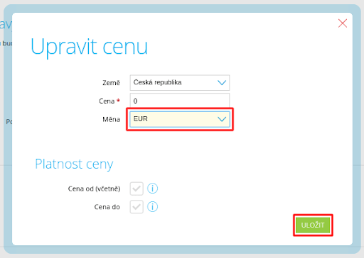 Ukázka úpravy měny v ceníku